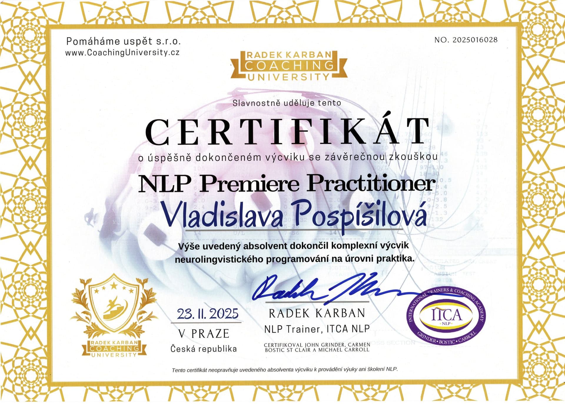 Certifikát NLP Premiere Practitioner vydaný Vladislavě Pospíšilové institucí Radek Karban Coaching University